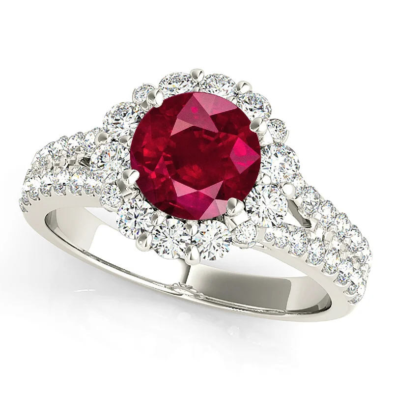 cushion cut diamond rings for women -1.80  ct. Genuine Ruby Ring With Floral Halo And Small V Split Shank