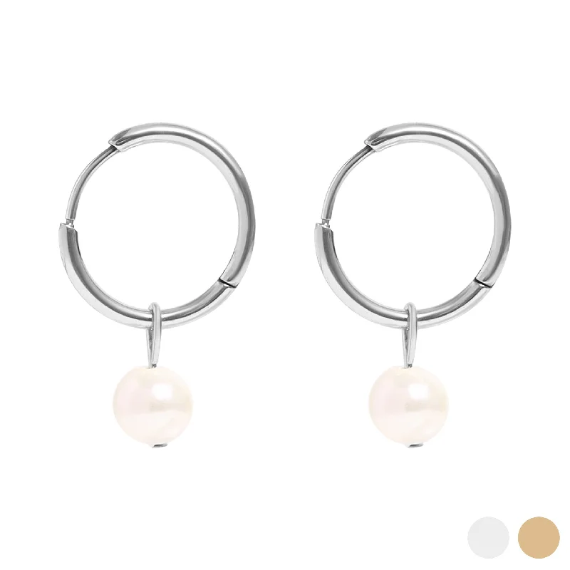 gold dangle earrings for women -gold dangle earrings for women -18K Gold PVD Stainless Steel Pearl Charm Huggie Hoop Earrings / ERJ0027