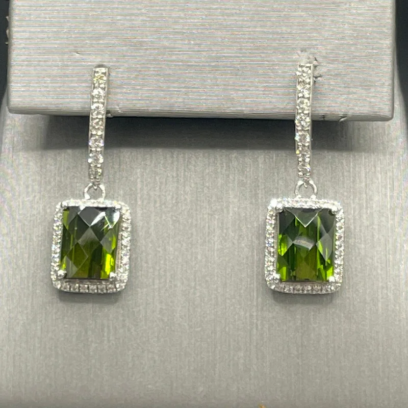 silver hoop earrings for women -14 KARAT WHITE GOLD DIAMOND AND GREEN TOURMALINE EARRINGS