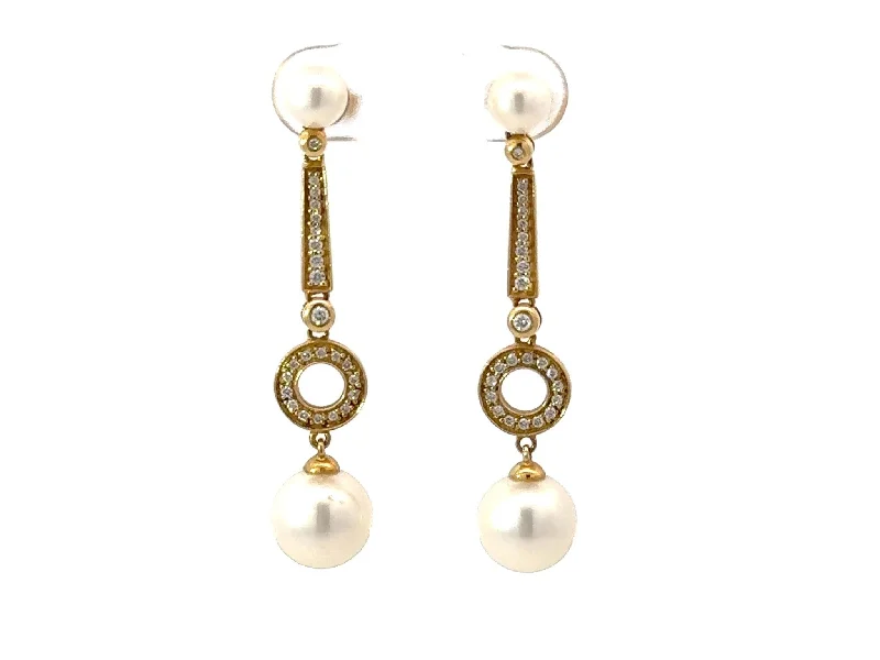 gold dangle earrings for women -Dangly Pearl and Diamond Drop Earrings 18K Yellow Gold