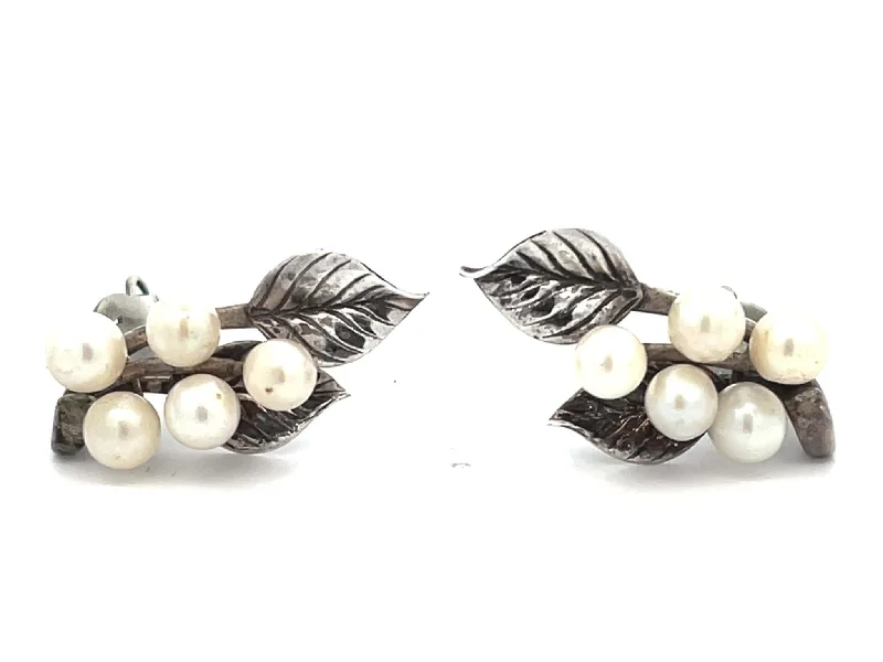 colorful gemstone earrings for women -Mings Pearl Leaf Clip on Earrings in Sterling Silver