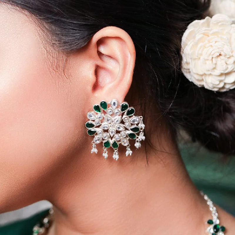 women’s crystal chandelier earrings -women’s crystal chandelier earrings -SILVER 92.5 GREEN KUNDAN EARRING