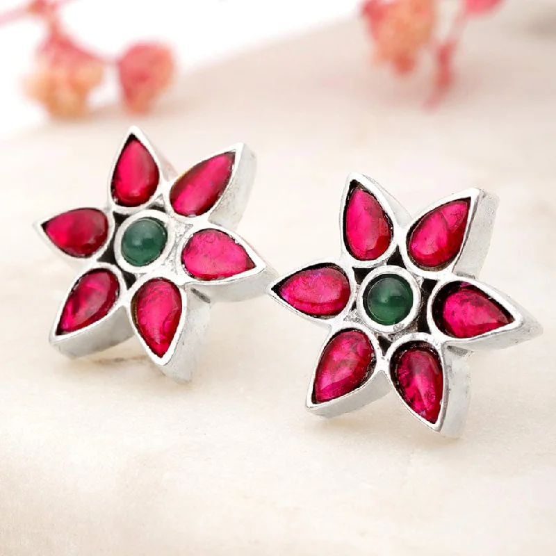 silver hoop earrings for women -silver hoop earrings for women -92.5 Silver Red Kundan Flower earring