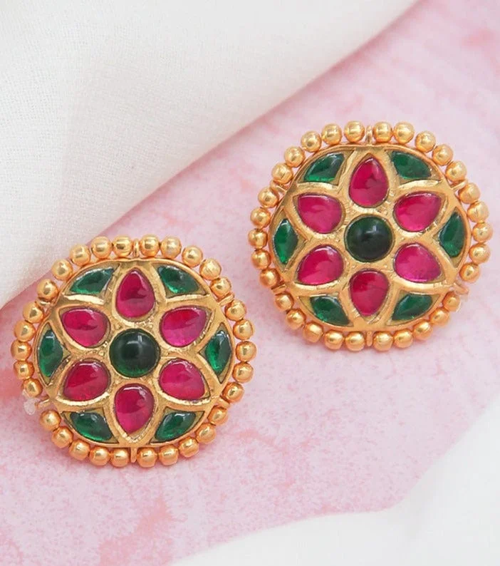 vintage statement earrings for women -vintage statement earrings for women -Silver Red And Green Kundan  stud