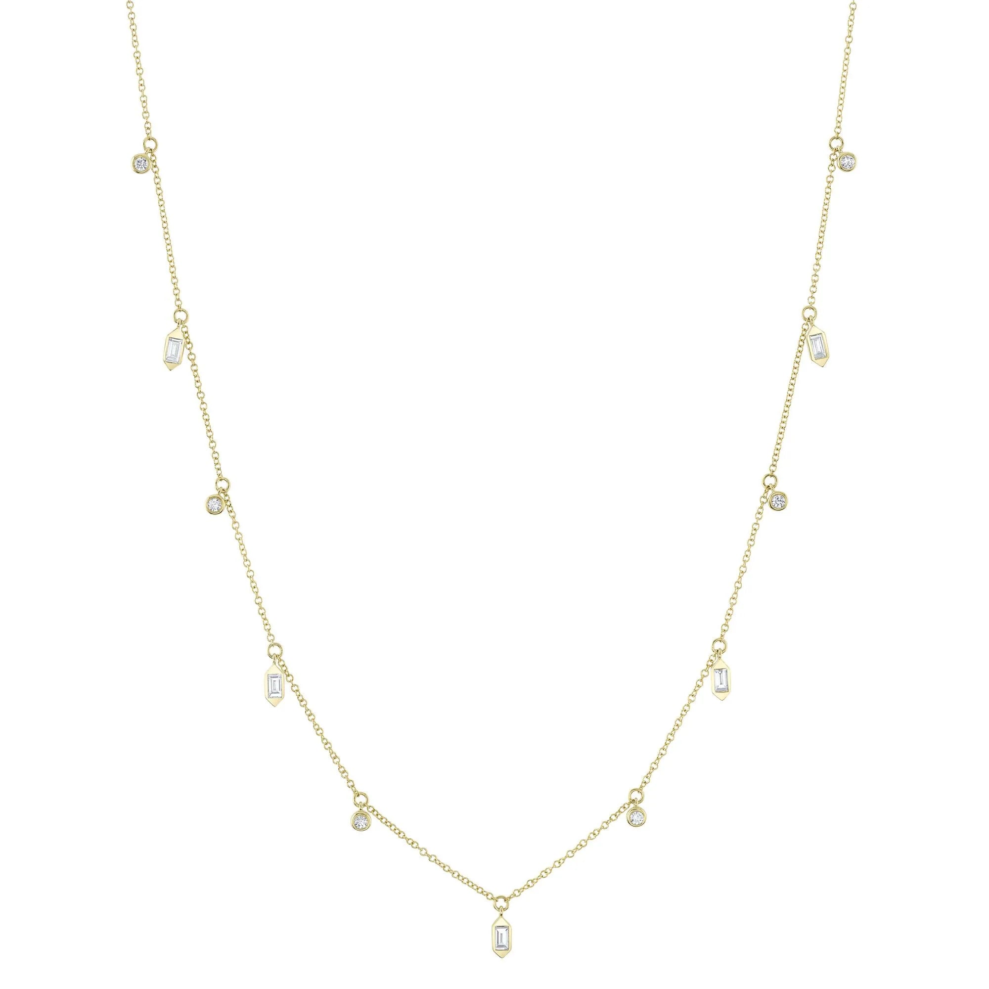 simple necklaces for women -Yellow Gold Baguette & Round Diamond Bezel Set Necklace