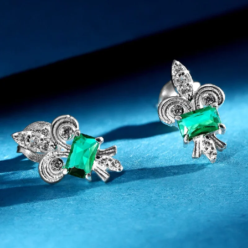 stud earrings for women -stud earrings for women -Silver Fleur De Lis Green Earring