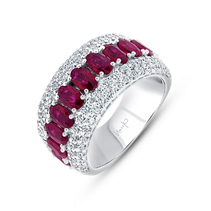 radiant cut engagement rings for women -Uneek Precious Collection Multi-Row Oval Shaped Ruby Anniversary Ring