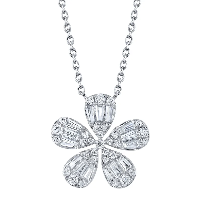 gold chain necklaces for women -14kt. White Gold Diamond Baguette Flower Pendant Necklace