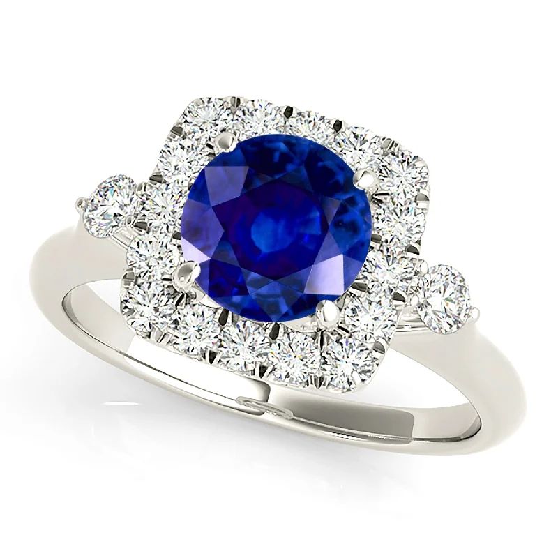 white gold engagement rings for women -2.40 ct. Genuine Blue Round Sapphire Ring Cushion Halo Style