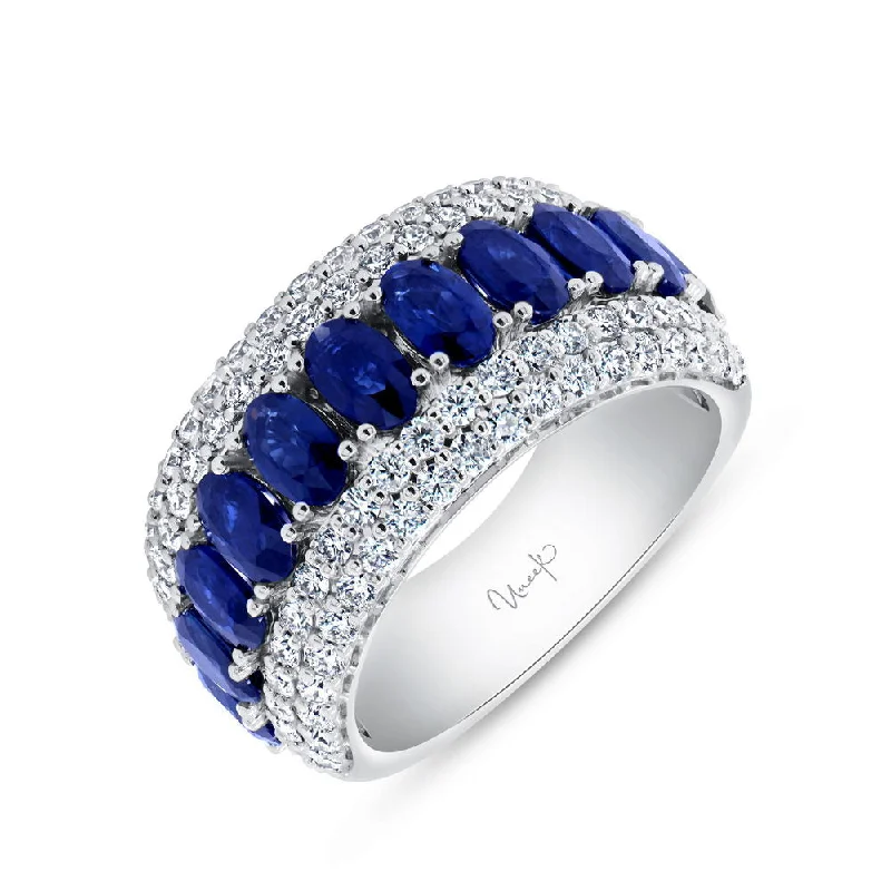 cushion halo engagement rings for women -Uneek Precious Collection Multi-Row Oval Shaped Blue Sapphire Anniversary Ring