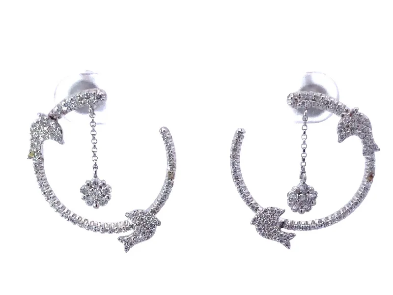 vintage gold earrings for women -Diamond Dolphin Hoop Earrings in 18K White Gold