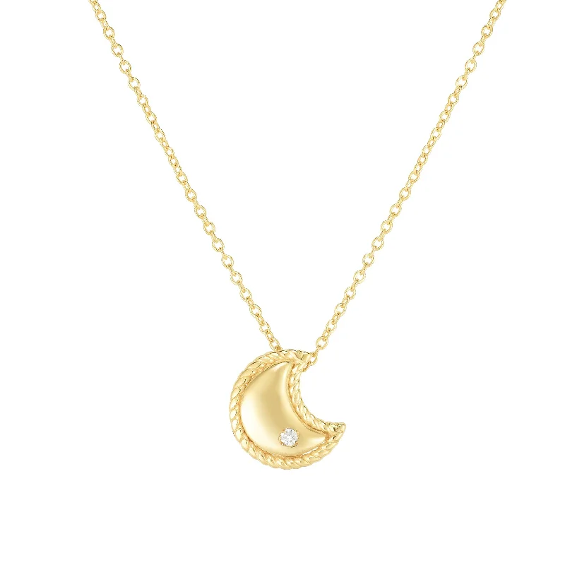 sparkly necklaces for women -14kt Gold 18 inches Yellow Finish 9x8mm(CE),0.8mm(Ch) Polished 2 inches Extender Moon Necklace with Lobster Clasp with 0.0100ct 1.3mm White Diamond