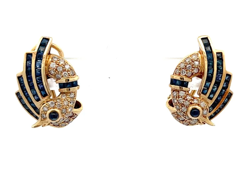 trendy earrings for women -Sapphire and Diamond Swan Earrings in 14k Yellow Gold