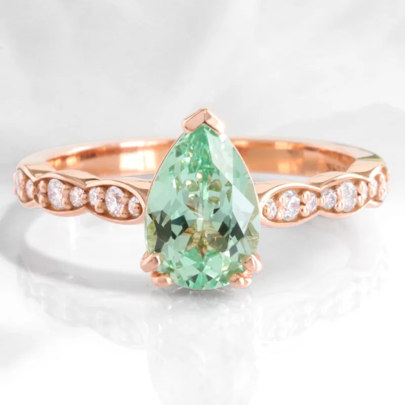 designer engagement rings for women -Pear Seafoam Green Sapphire Ring in Grace Solitaire Diamond Scalloped Band