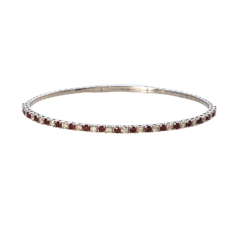 double-band bracelets for women -Ruby & Diamond 14K White Gold Flexible Bangle