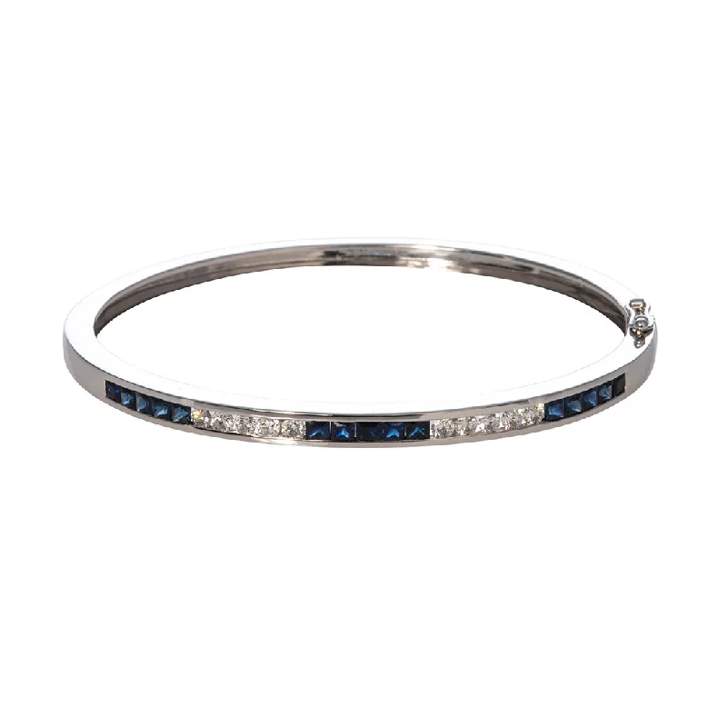 stretch bangles for women -Sapphire & Diamond Channel Set 14K White Gold Bangle