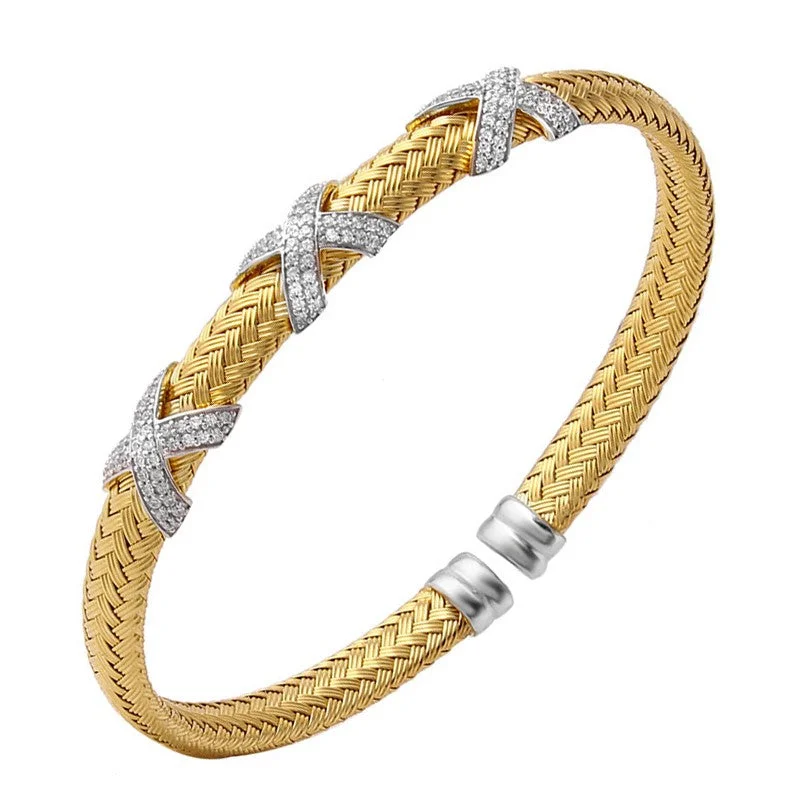 dainty bracelets for women -CZ Gold Plated Silver 6mm Mesh Cuff Bangle