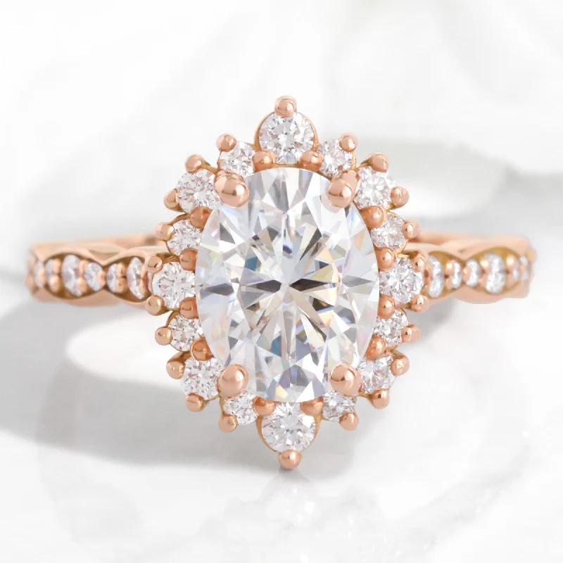 affordable diamond engagement rings for women -Large Oval Moissanite Ring in Tiara Halo Diamond Scalloped Band