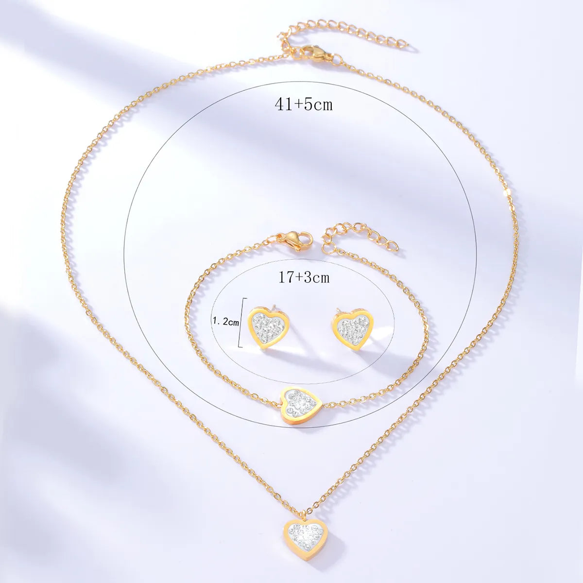 women’s chunky gold bracelets -Fashion Simple Heart-shaped Zircon Stainless Steel Ear Stud Bracelet Necklace Set