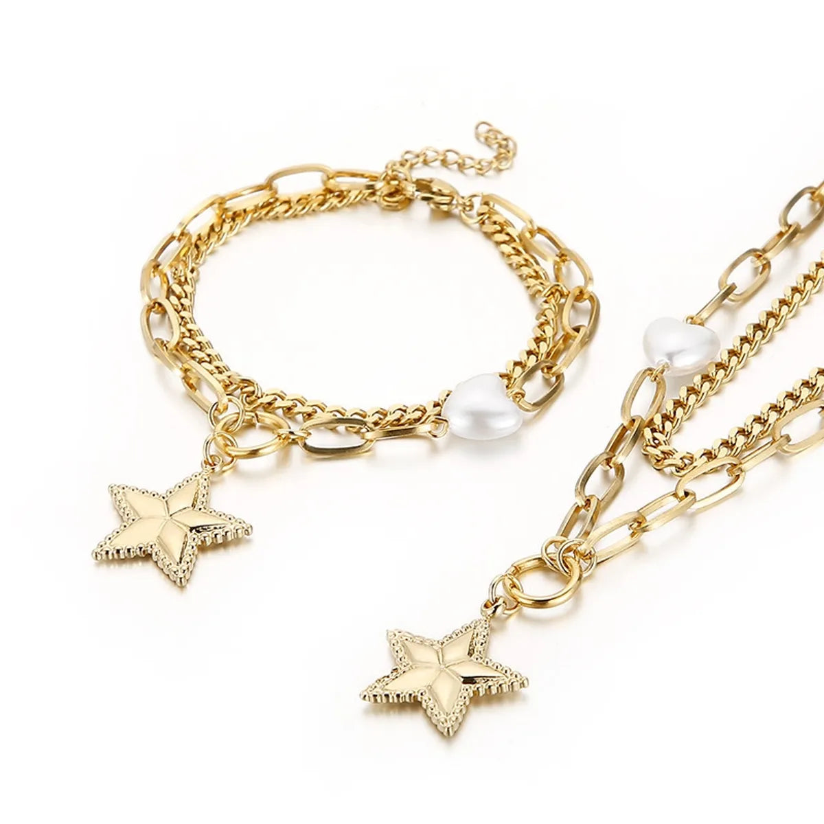 delicate bracelets for women -Wholesale Fashion Stainless Steel Star-shaped Double-layer Necklace Bracelet Suit Gooddiy