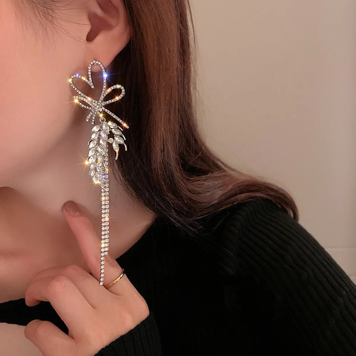 engagement rings with colored diamonds for women -Exaggerated Fashion Tassel Heart Shape Alloy Tassel Diamond Rhinestones Women's Earrings