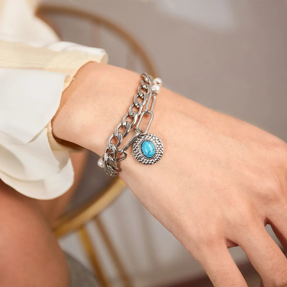 silver bangles for women -Luxurious Modern Style Commute Round Stainless Steel Imitation Pearl Inlay Turquoise Bracelets