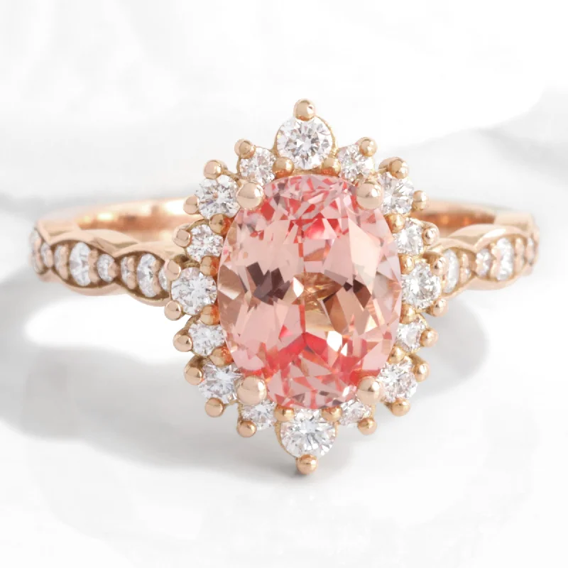 rose gold engagement rings with diamonds for women -Large Oval Peach Sapphire Ring in Tiara Halo Diamond Scalloped Band