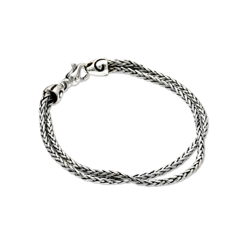 boho bracelets for women -Sterling Silver Woven Double Chain Bracelet