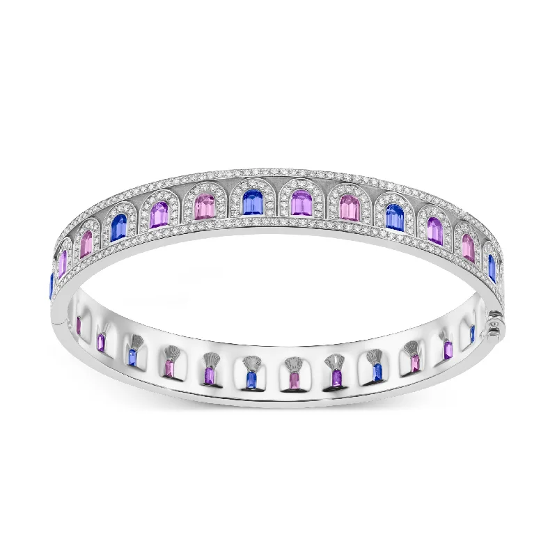 diamond bangles for women -L'Arc Deco Bangle in Platinum with DAVIDOR Arch Cut Blue, Pink and Violet Sapphires and Brilliant Diamonds