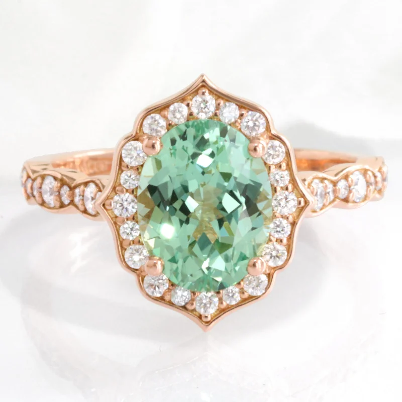 engagement rings with emeralds for women -Large Oval Green Sapphire Ring in Vintage Floral Diamond Band