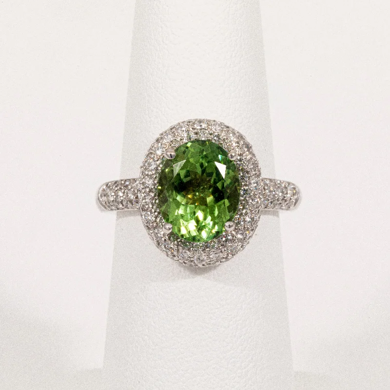 solitaire diamond engagement rings for women -14kt White Gold Green Tourmaline and Diamond Halo Ring