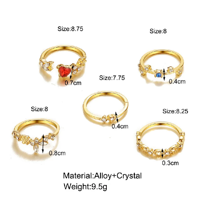 modern solitaire engagement rings for women -Creative Simple Red Love Heart Diamond-studded Knuckle Ring 5 Piece Set