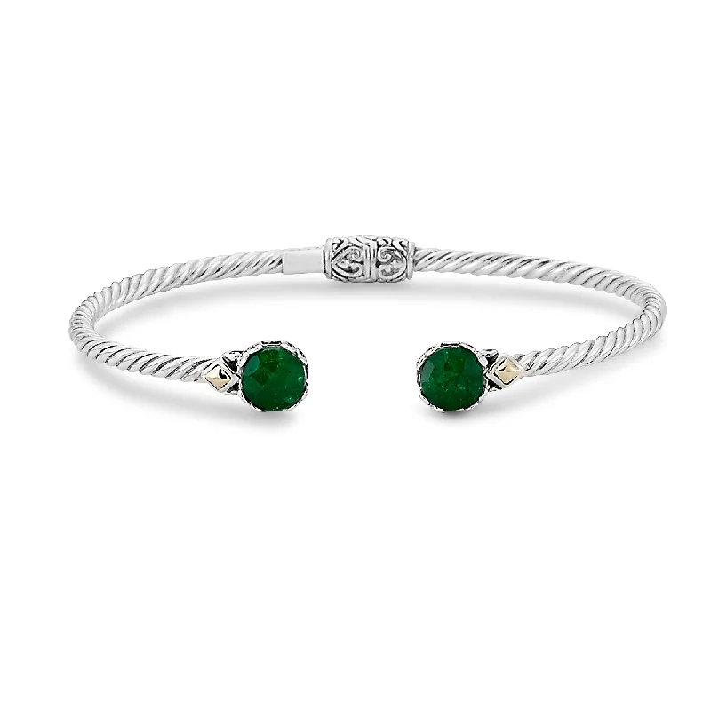 women’s designer bangles -Sterling Silver And 18K Yellow Gold Two Tone Emerald Twisted Hinged Bangle Bracelet