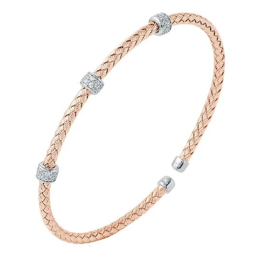 trendy gold bangles for women -CZ Rose Gold Plated Silver 3mm Mesh Cuff Bangle