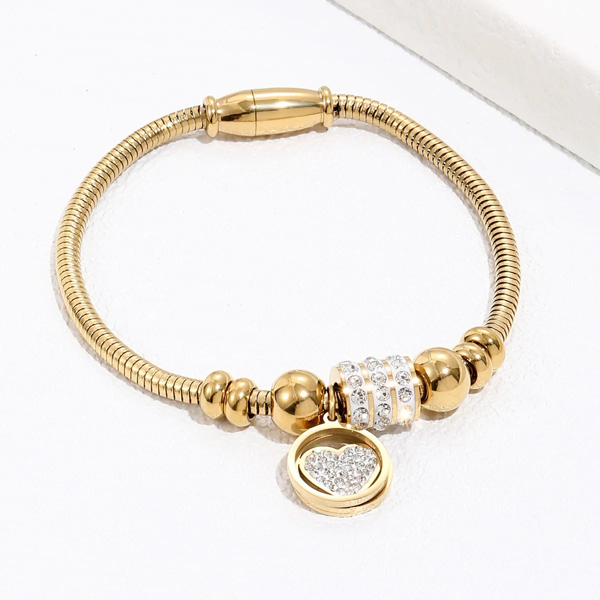 gold bracelets with diamonds for women -Titanium Steel Fashion Diamond Round Peach Heart Beaded Magnet Bracelet