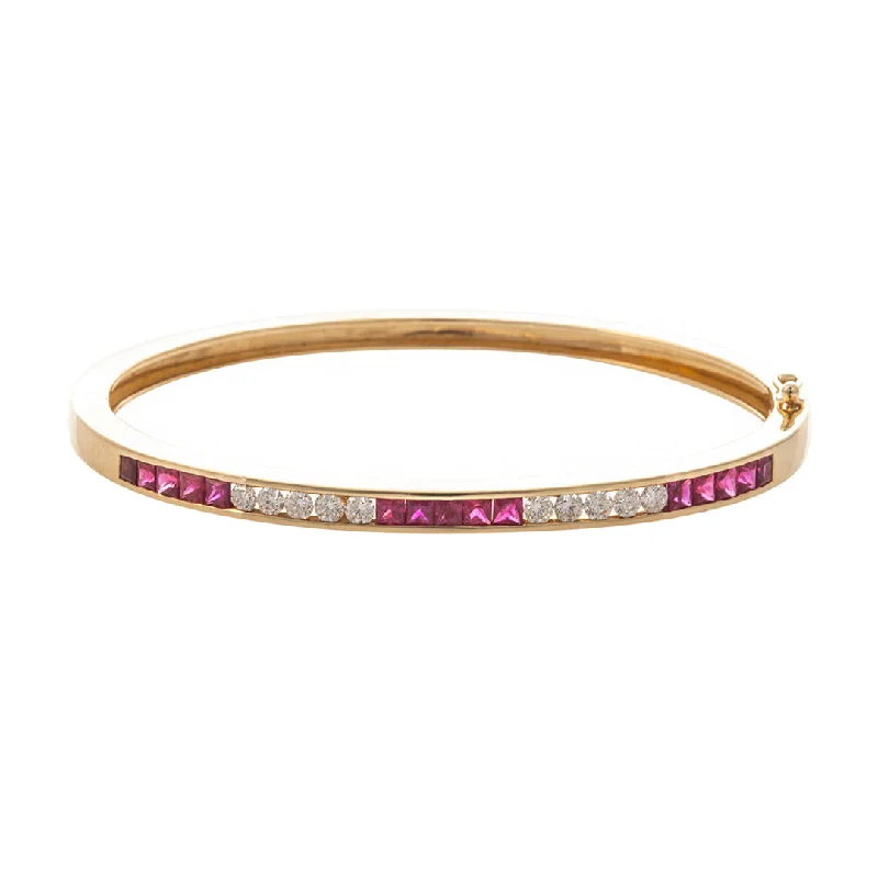 luxury bracelets for women -Ruby & Diamond Channel Set 14K Yellow Gold Bangle