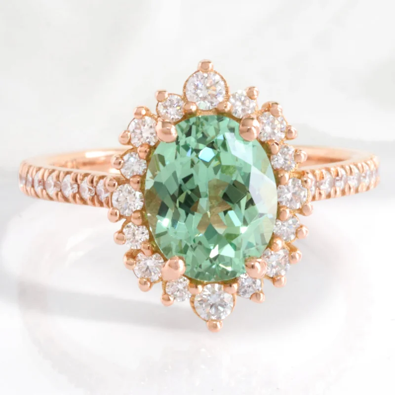 engagement rings with unique settings for women -Large Oval Green Sapphire Ring in Tiara Halo Diamond Pave Band