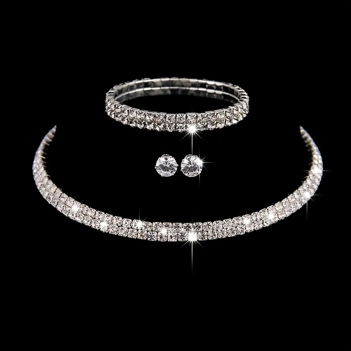 geometric bangles for women -Luxurious Geometric Alloy Plating Rhinestones Silver Plated Women's Bracelets Earrings Necklace