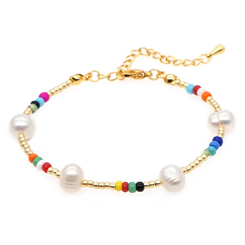 silver bangles with stones for women -Casual Vacation Colorful Freshwater Pearl Glass Beaded Bracelets