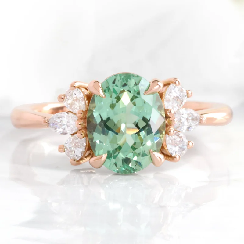 luxury engagement rings for women -2.7 Ct. Oval Green Sapphire Ring in Fairy 3 Stone Diamond Band