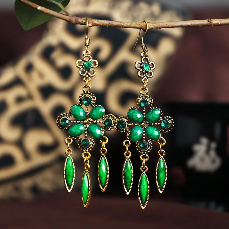 engagement rings with emerald stones for women -New Retro Ethnic Style Diamond Hollow Long Tassel Alloy Earrings Wholesale