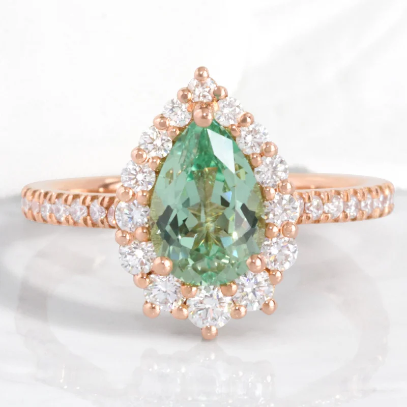 high-quality engagement rings for women -Large Pear Green Sapphire Ring in Tiara Halo Diamond Pave Band