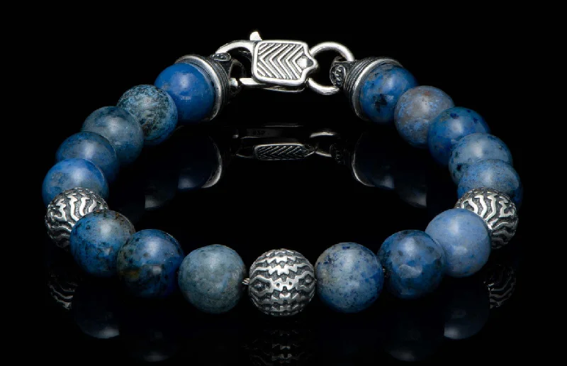 leather bracelets for women -Mens Beaded Sterling Silver And Dumortierite Bracelet