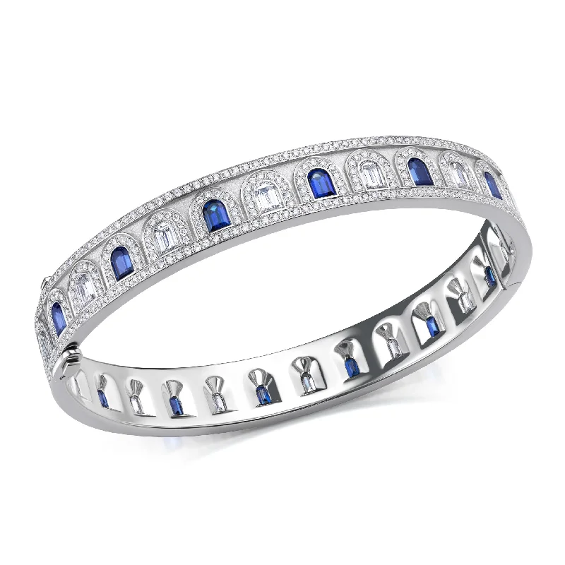 elegant bracelets for women -L'Arc Deco Bangle in Platinum with DAVIDOR Arch Cut Diamonds DAVIDOR Arch Cut Blue Sapphires and Brilliant Diamonds