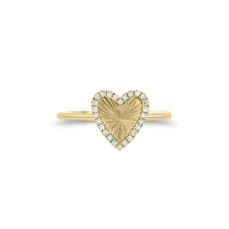 engagement rings with small diamonds for women -Diamond & Ridged Gold Heart Ring