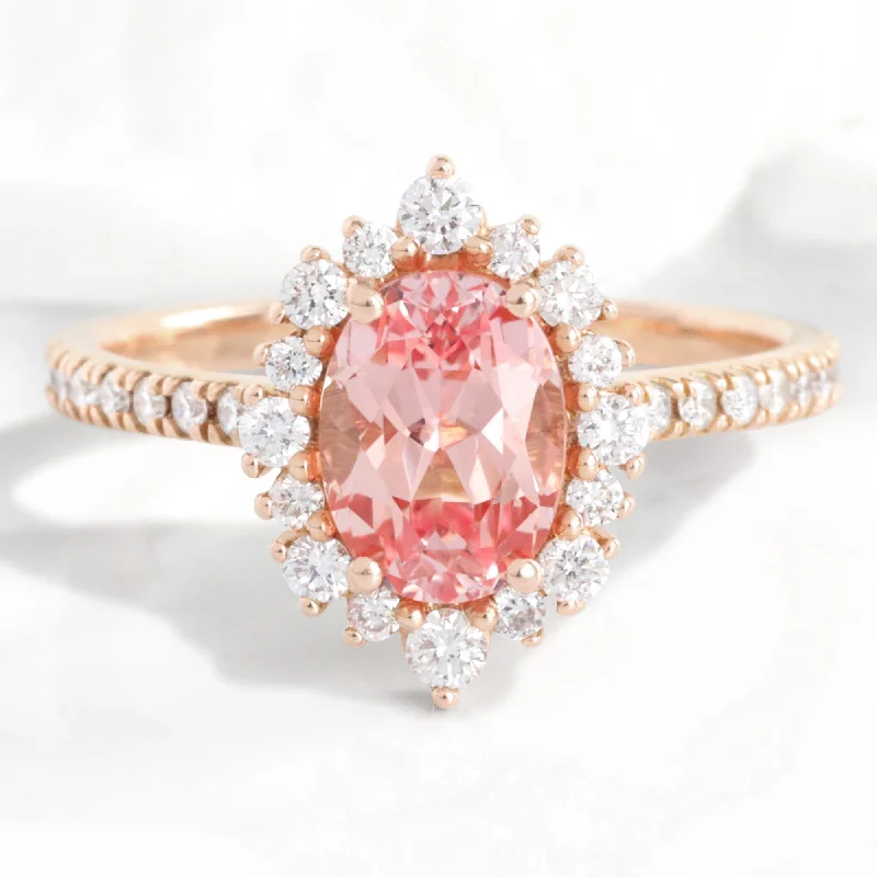 double halo engagement rings for women -Oval Champagne Peach Sapphire Ring in Tiara Halo Diamond Pave Band