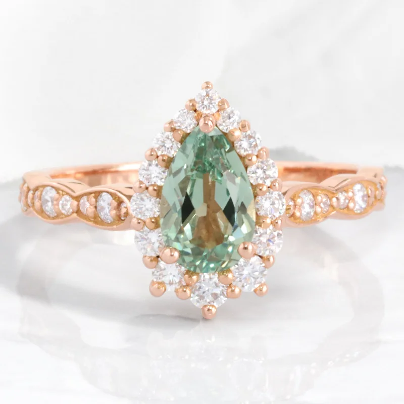 engagement rings with diamonds and sapphires for women -Pear Seafoam Green Sapphire Ring in Tiara Halo Diamond Scalloped Band