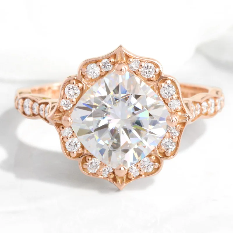 engagement rings with aquamarine for women -Large Cushion Moissanite Ring in Vintage Floral Diamond Band