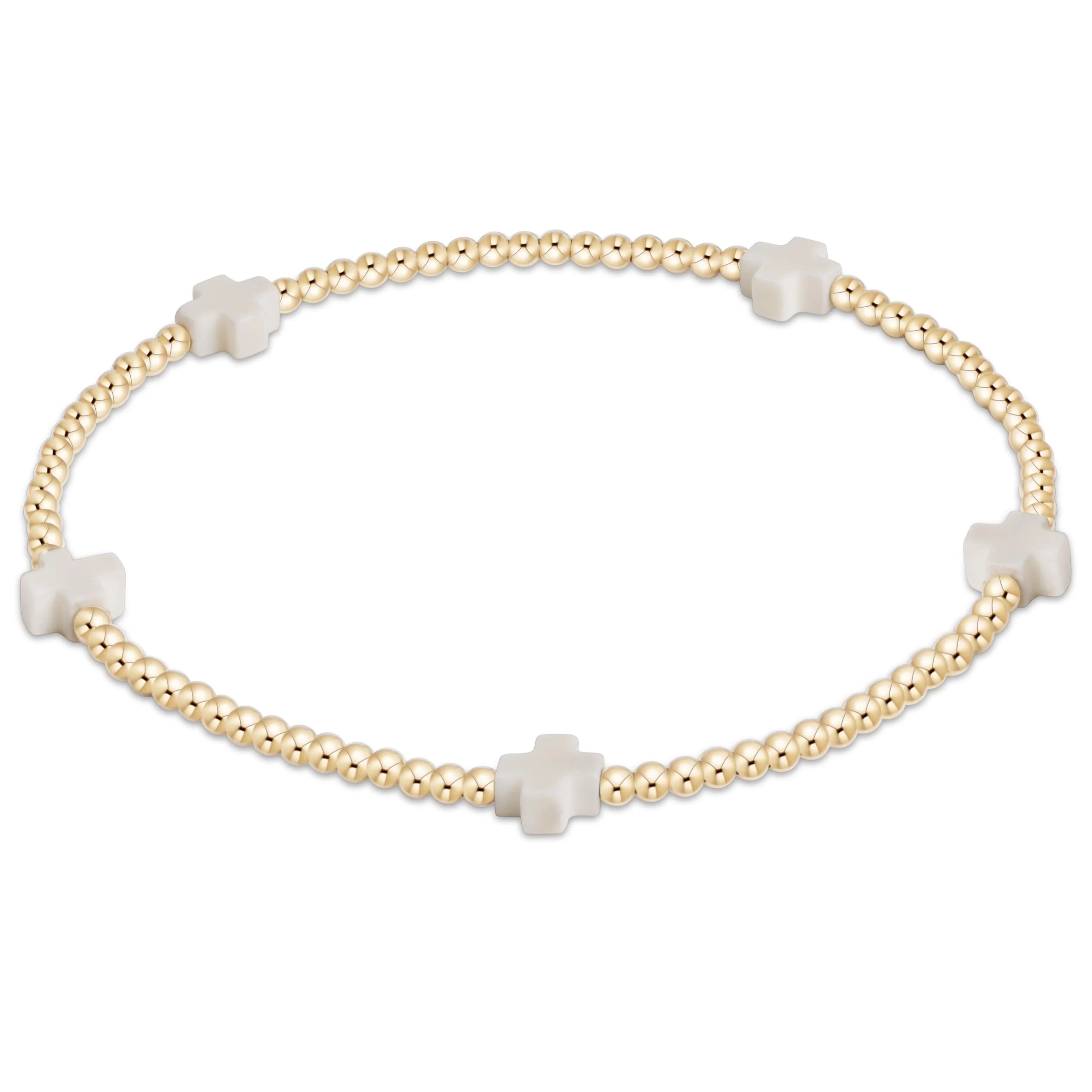 diamond bangles for women -enewton 6.25" Signature Cross Small Gold Pattern 2mm Bead Bracelet - Off White