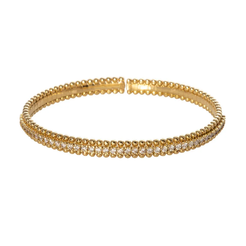 women’s gemstone bangles -Diamond 18K Yellow Gold Bead Edge Flexible Cuff Bangle